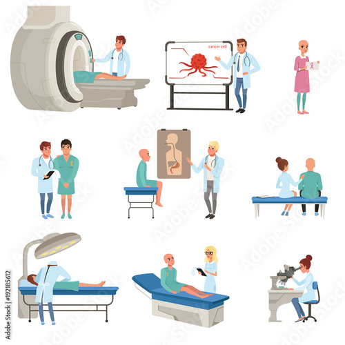Medical diagnostic and treatment of cancer set, doctors, patients and equipment for oncology medicine vector Illustrations