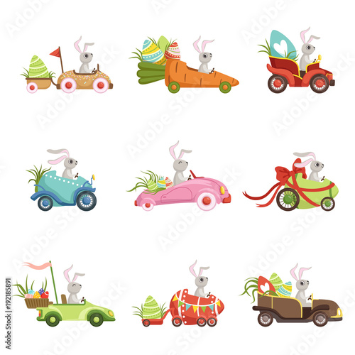 Cute little bunnies driving vintage car with colored eggs set, funny rabbit characters, Happy Easter concept cartoon vector Illustrations