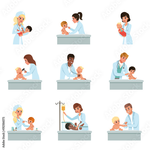 Pediatrician doctors doing medical examination of little kids set, male and female doctors checkup for babies vector Illustrations