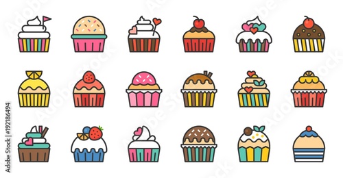 Set of cute fancy cup cake, filled outline icon