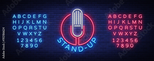 Comedy Show Stand Up invitation is a neon sign. Logo, Emblem Bright flyer, light poster, neon banner, night commercials advertisement, card, postcard. Vector illustration. Editing text neon sign