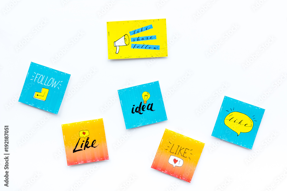 Digital marketing. Social media icons and symbols on white background top view copy space Digital marketing. Social media icons and symbols on white background top view copy space
