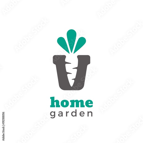 Garden vector flat logo. Logotype for gardening stores. Minimalistic pot with carrot