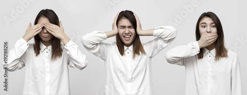 I don't see, I don't hear, I don't speak. Three portraits of young attractive woman covering ears, mouth and eyes. Facial expressions, emotions, feelings and lifestyle concept