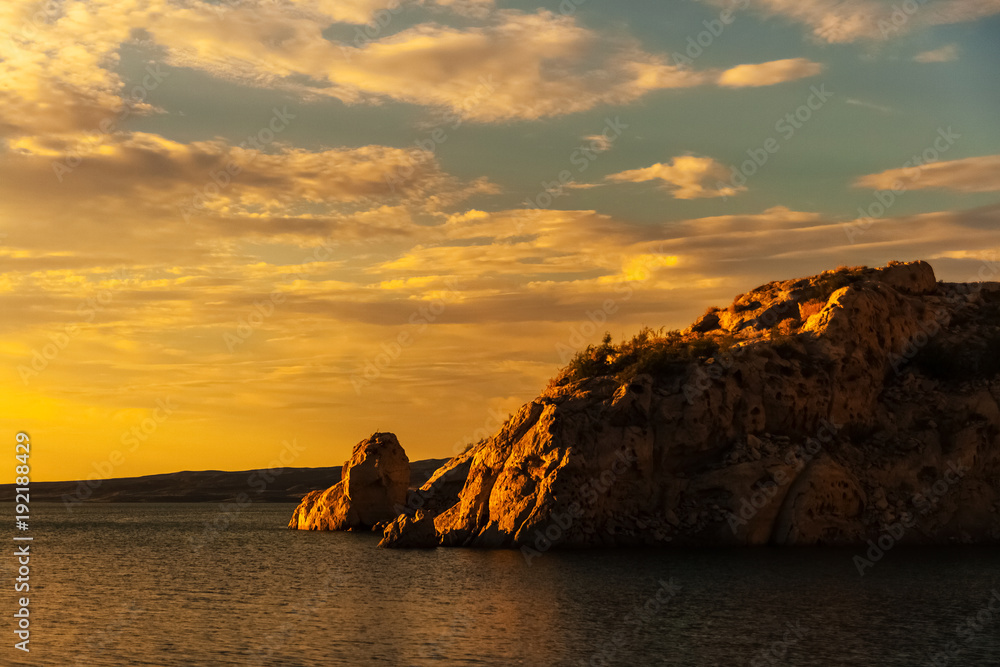 Rock formation on the Lake Mead National Recreation Area enlightened by the sunset, Nevada.