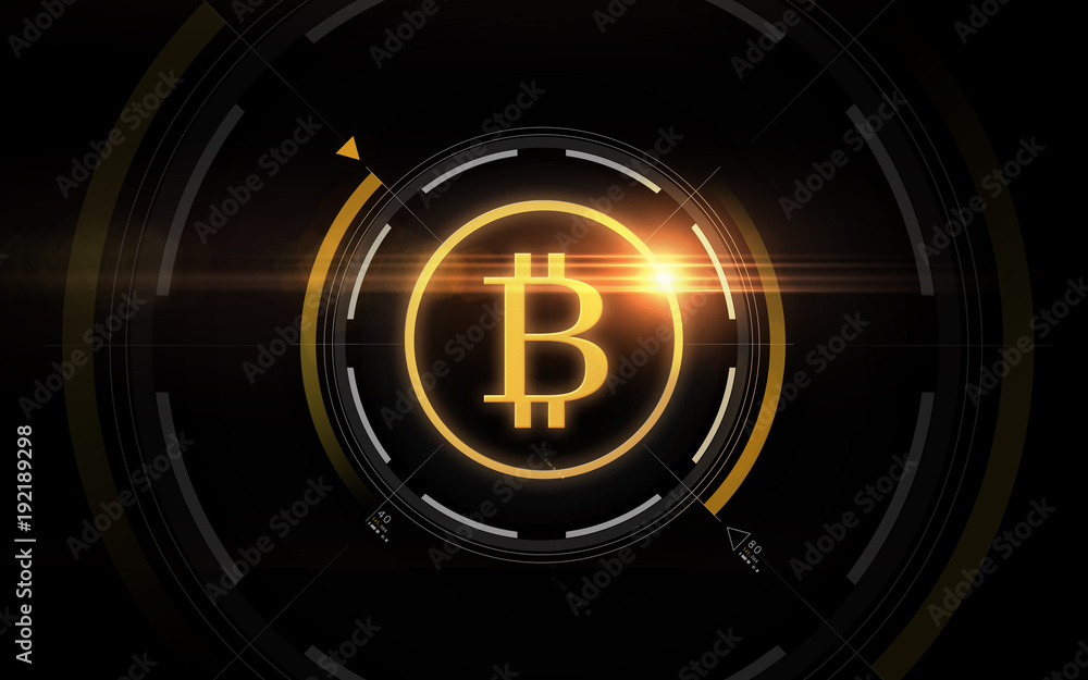 gold bitcoin projection over black background gold bitcoin projection over black background