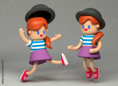 3d Bouncing and stumbling girl toy character. Little cute figure on a gray background with realistic shadows