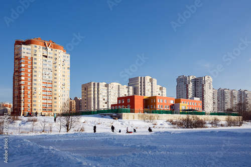 New residential homes with kindergarten on the bank of the river Pekhorka. City of Balashikha, Moscow region, Russia.