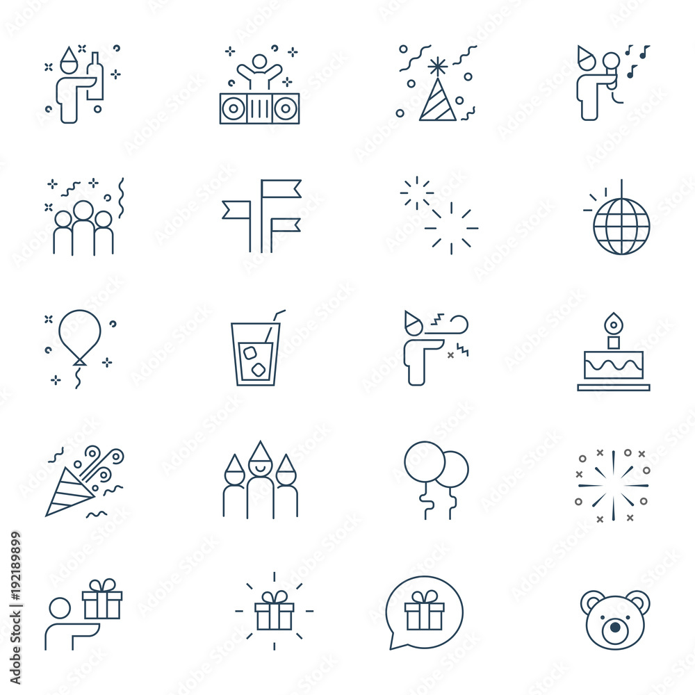 Party and birthday celebration vector icon set. Outline icon collection. Party and birthday celebration vector icon set. Outline icon collection.