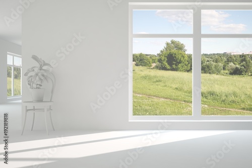 White empty room with summer landscape in window. Scandinavian interior design. 3D illustration