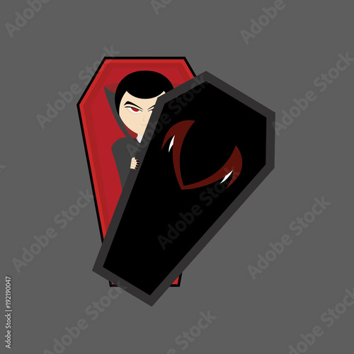 the vampire is in a coffin with red eyes and dressed in a black robe whose hands hold the lid of the coffin, vampire illustration, flat design, vampire character for halloween photo