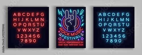 Rock festival poster in neon style. Neon sign, invitation to the concert brochure on roknroll music, bright banner, flyer for festivals, parties, concerts. Vector illustration. Editing text neon sign