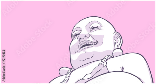 Stylized illustration of Laughing Buddha on pink background