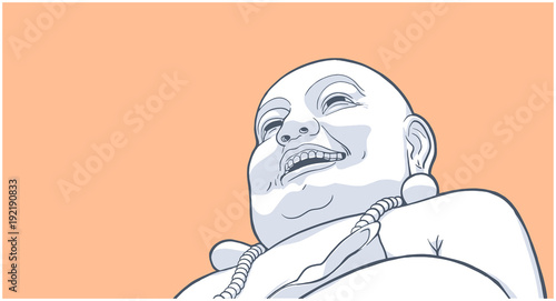 Stylized illustration of Laoughing Buddha on orange background