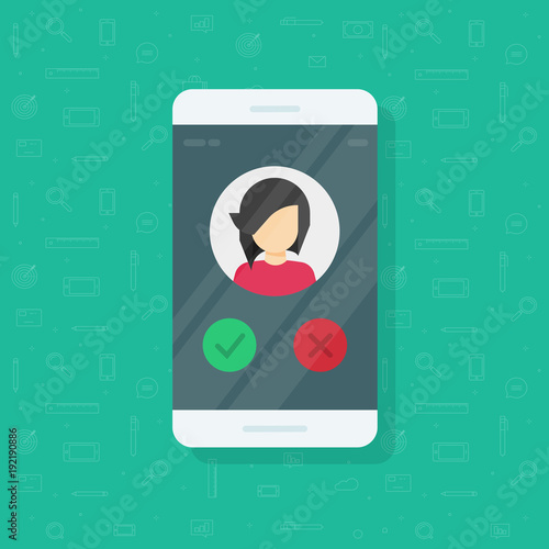 Smartphone voting vector illustration, flat cartoon mobile phone with girl photo or avatar and vote buttons, idea of online survey on cellphone, feedback app, choice or poll service
