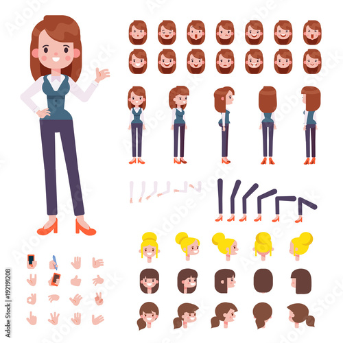 Front, side, back view animated character.  Manager character creation set with various views, hairstyles, face emotions, poses and gestures. Cartoon style, flat vector illustration.