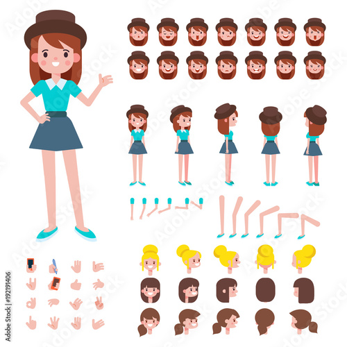 Front, side, back view animated character. Teenager girl character creation set with various views, hairstyles, face emotions, poses and gestures. Cartoon style, flat vector illustration.