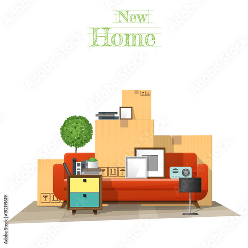 Moving home concept background with cardboard boxes and furniture in new living room , vector , illustration