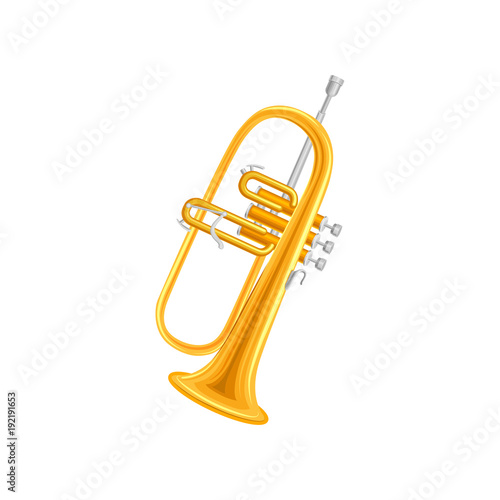 Golden trumpet in flat style. Large brass wind instrument with straight tubing in three sections. Vector design for orchestra and music entertainment poster