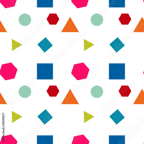 Free Download Seamless pattern with circles, square, triangle and Hexagon of fresh colors  on a white background. Vector repeating texture. - GFXLoad