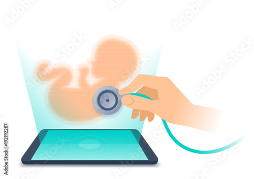 Tablet PC and hologram of human fetus above the screen. Flat vector illustration of doctor online checking unborn baby's pulse. Science, telemedicine, tele, remote medicine, pregnancy isolated concept