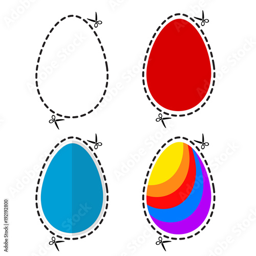 Illustration of a cut out colored Ester eggs symbol shape with scissors vector, greeting card for Easter Day