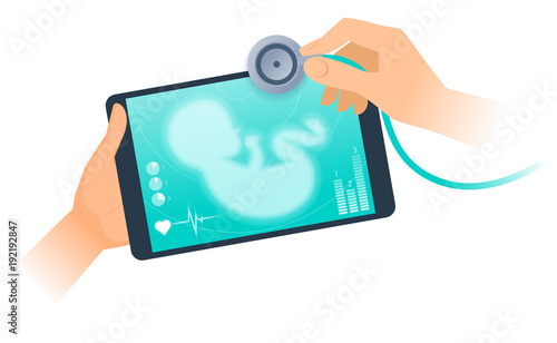 Tablet PC with ultrasound virtual image of unborn baby on the screen. Flat vector concept illustration of doctor with stethoscope online checking baby's pulse, exams indicators of course of pregnancy.