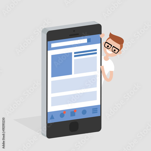 Social media account. Isometric mobile device. Young smiling character peeking out from behing the smartphone. Flat editable vector illustration, clip art