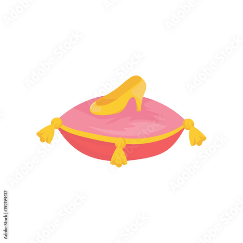One golden slipper on pink ornate pillow. Shoe of princess or Cinderella. Fashion and beauty concept. Cartoon flat vector illustration