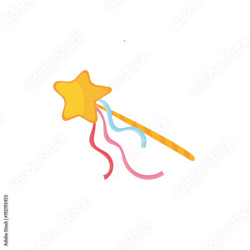 Golden wand with star and colored ribbons. Cartoon icon of stick with magical power. Princess accessory. Colorful flat vector design