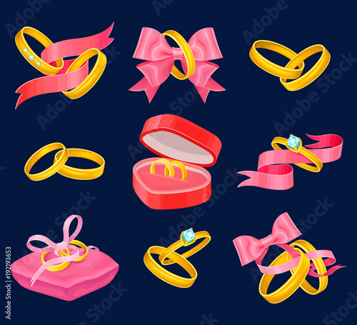 Wedding and engagement golden rings set. Isolated objects with pink ribbons, heart shaped box, pillow and bows. Vector detailed illustrations