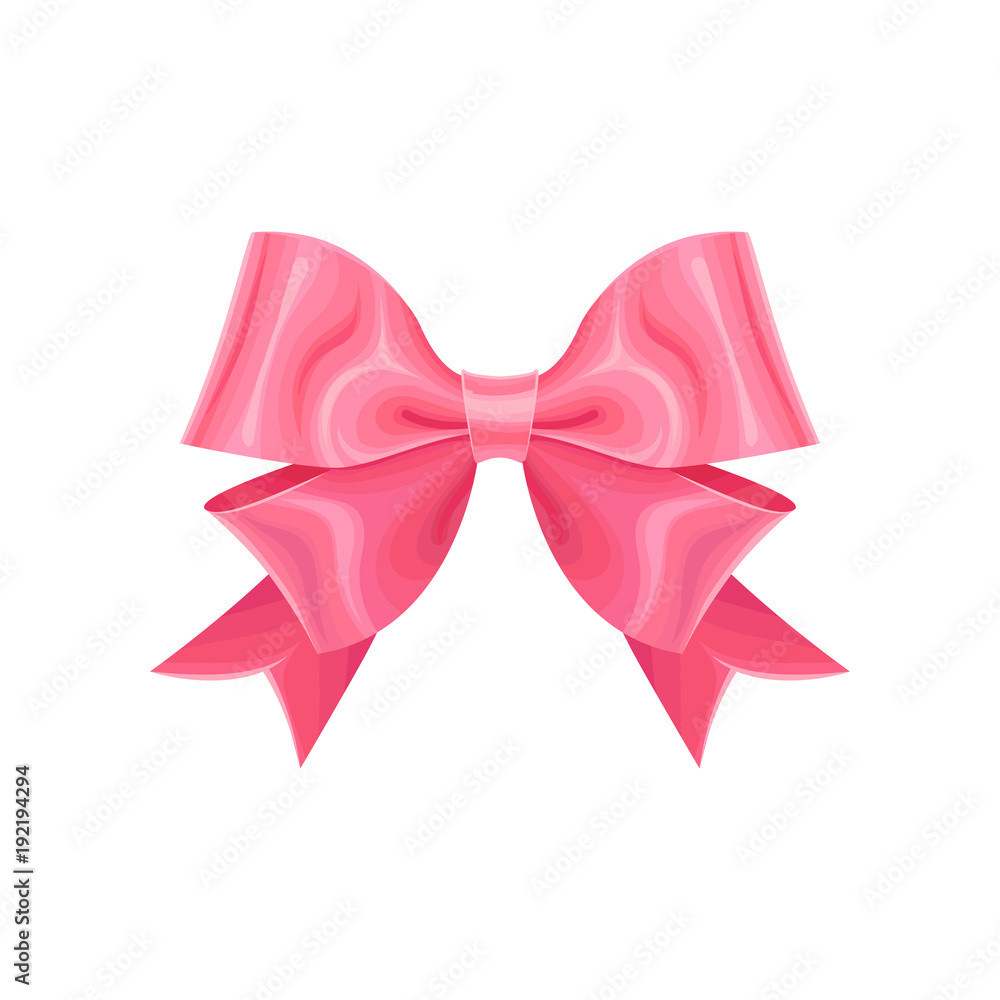 Adorable pink double ribbon bow. Design element for holiday decoration, greeting card print, invitation, wedding decor. Vector detailed illustration isolated on white. Adorable pink double ribbon bow. Design element for holiday decoration, greeting card print, invitation, wedding decor. Vector detailed illustration isolated on white.