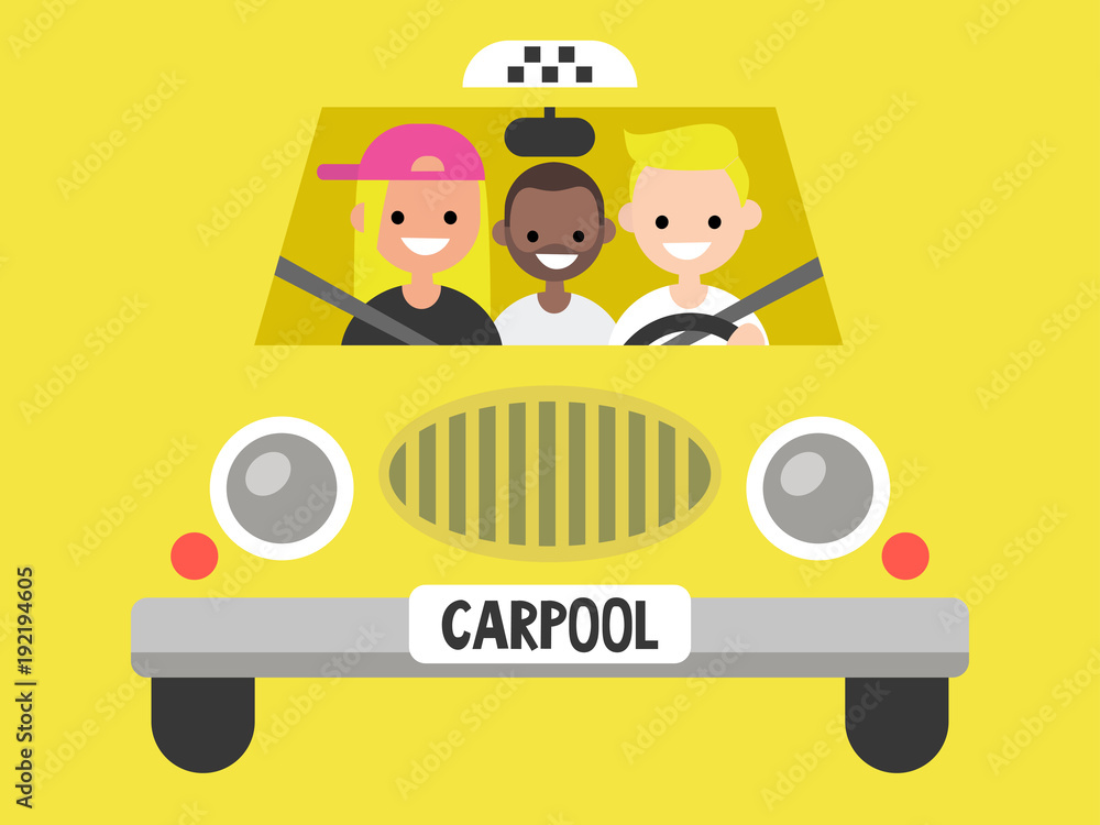Carpool. Taxi service. Driver and passengers / flat editable vector