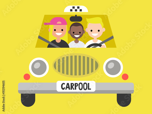 Carpool. Taxi service. Driver and passengers / flat editable vector illustration, clip art