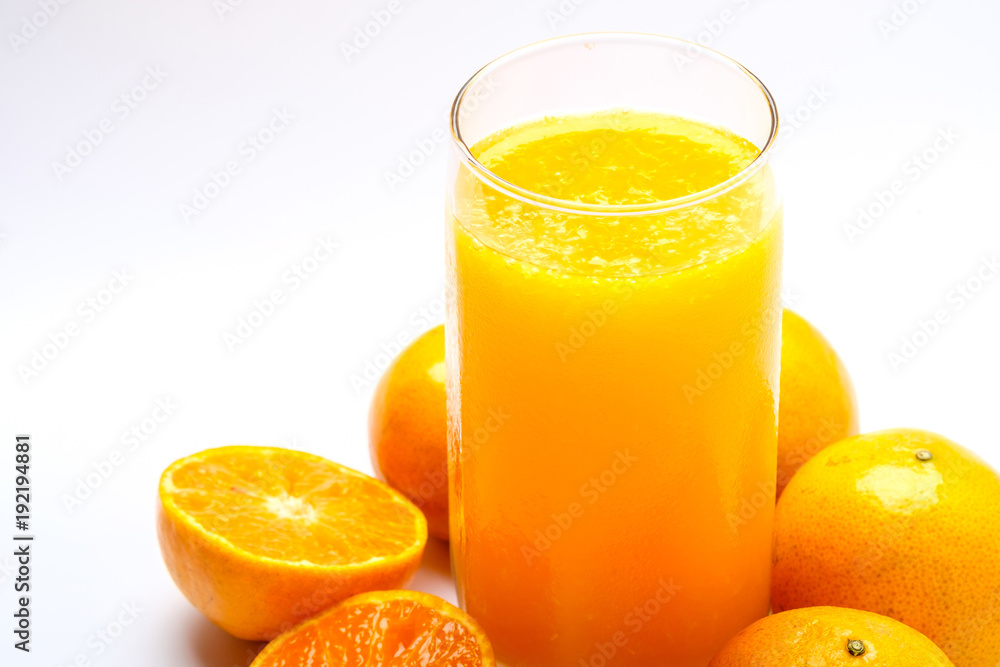 Fresh orange juice on white background