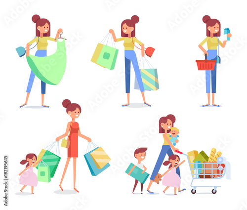 Happy family shopping - mother with happy kids. Big sale. Purchasing of goods and gifts. Flat Vector illustration  cartoon design.