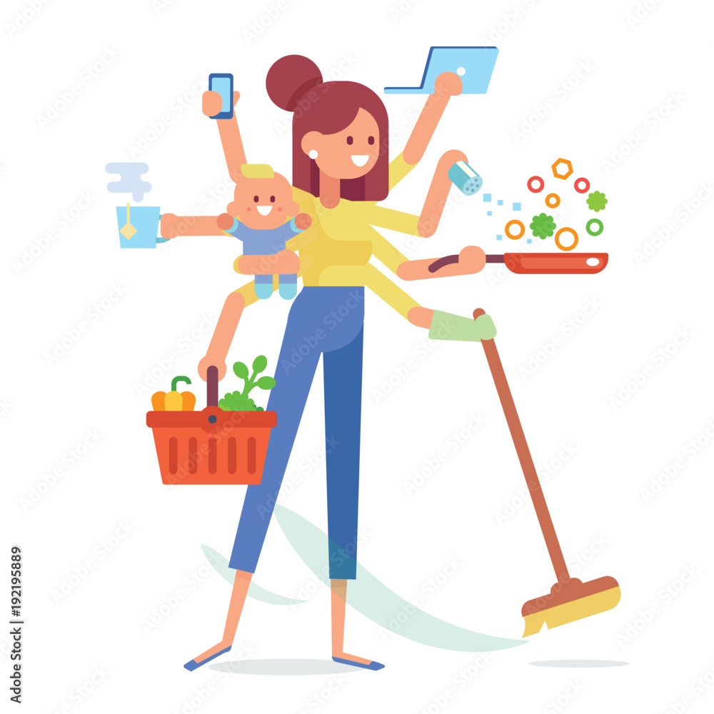 Super Mom mother with baby, working, cooking, cleaning and make a