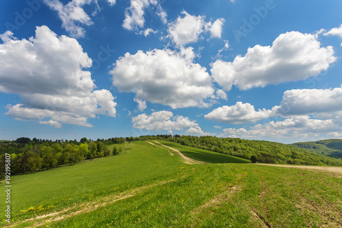 Blue cloudy sky over green hills and country road