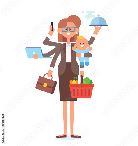 Business woman and housewife - mother with baby, working, cooking and make a shopping. Multitasking woman. Vector flat cartoon illustration. 