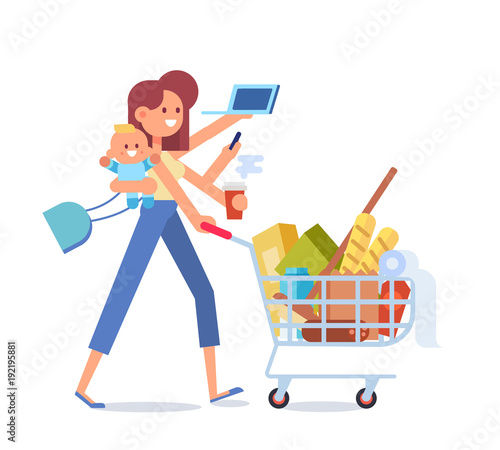 Multitasking woman. Vector flat cartoon illustration.