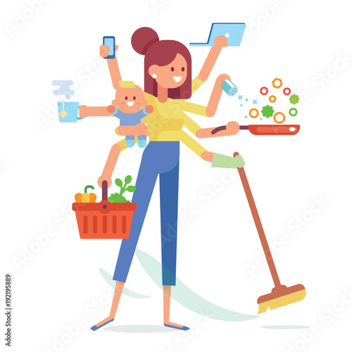 	 Super Mom - mother with baby, working, cooking, cleaning and make a shopping. Multitasking woman. Vector flat cartoon illustration. 