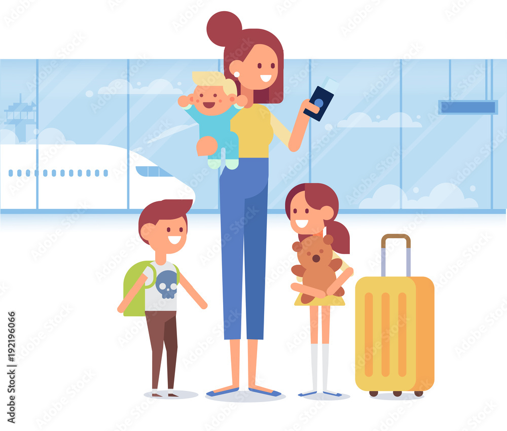 People traveling design. Happy mother travel with her children at the airport. Smiling woman with luggage holding baby and tickets ready for vacation. Flat Vector illustration.