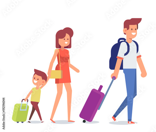 Happy Family travel together. Parents with children at the airport. Flat Vector illustration.  Character design.