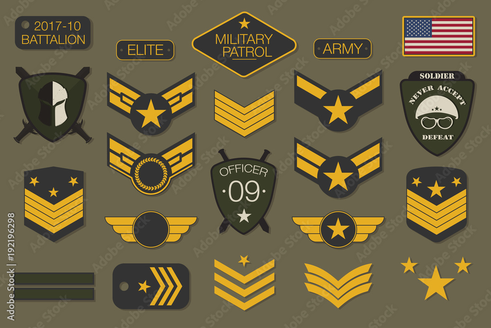 Military badges and army patches typography. Military embroidery chevron  and pin design for t-shirt graphic Stock Vector