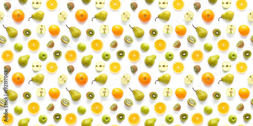 Food texture. Seamless pattern of fresh  various fruits. Pears  red and green apples  slices of tangerines  oranges  kiwi  isolated on white background  top view  flat layout.