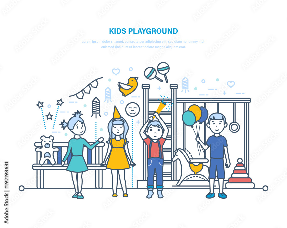 Kids playground. Little children, friends, have fun, play on playground.