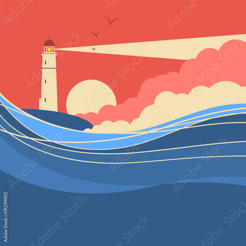 Sea waves with lighthouse.Vector nature poster of seascape