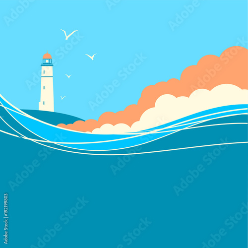 Blue sea waves with lighthouse.Vector nature poster
