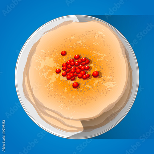 Pancakes and red caviar. Russia s traditional food for Maslenitsa. Isolated on blue.