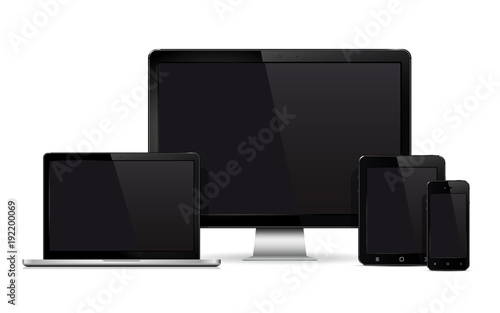 Device mockup template. Set of realistic computer monitor, laptop, mobile phone and tablet pc isolated on white background.